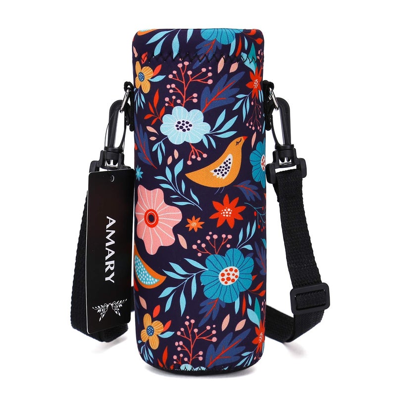 AMARY 750ML Neoprene Water Bottle Carrier Bag with Adjustable Shoulder Strap,Insulated Water Bottle Cover for Stainless Steel/Glass/Plastic Bottles 24OZ (Birds) - Image 1